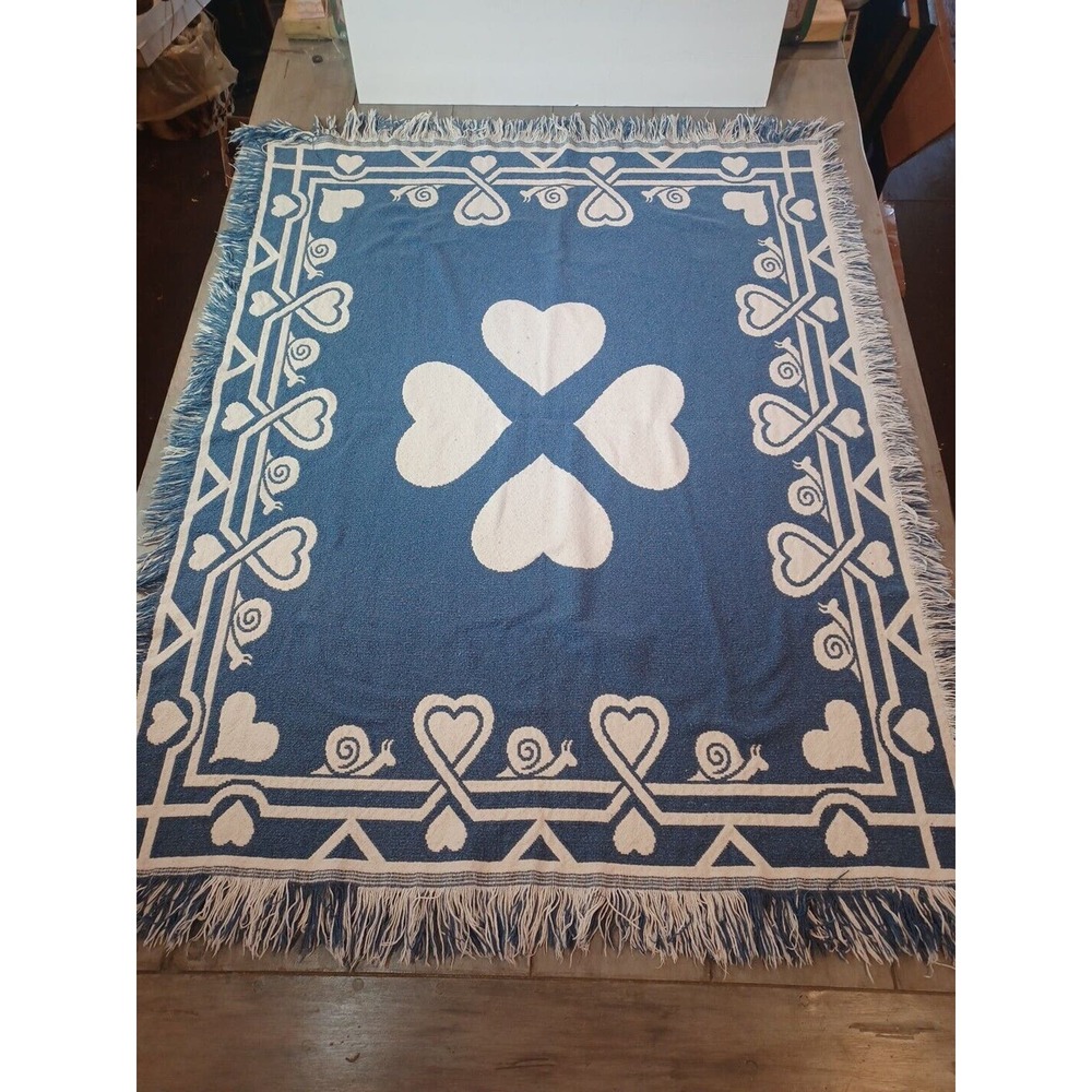 Blue & Cream Reversible Blanket/Throw Made In Spain Hearts & Snails - Picture 2 of 16